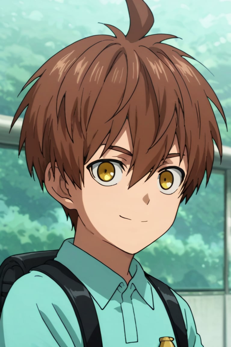score_9,score_8_up,score_7_up,source_anime,1boy, male, solo,  looking at viewer,Child Emperor,Isamu,brown hair, yellow eyes,short hair, ahoge, upper body, smile, 