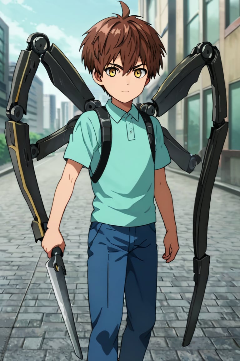 score_9,score_8_up,score_7_up,source_anime,1boy, male, solo,  looking at viewer,Child Emperor,Isamu,brown hair, yellow eyes,short hair, ahoge, mechanical arms,weapon, outdoors, ,city,street, 