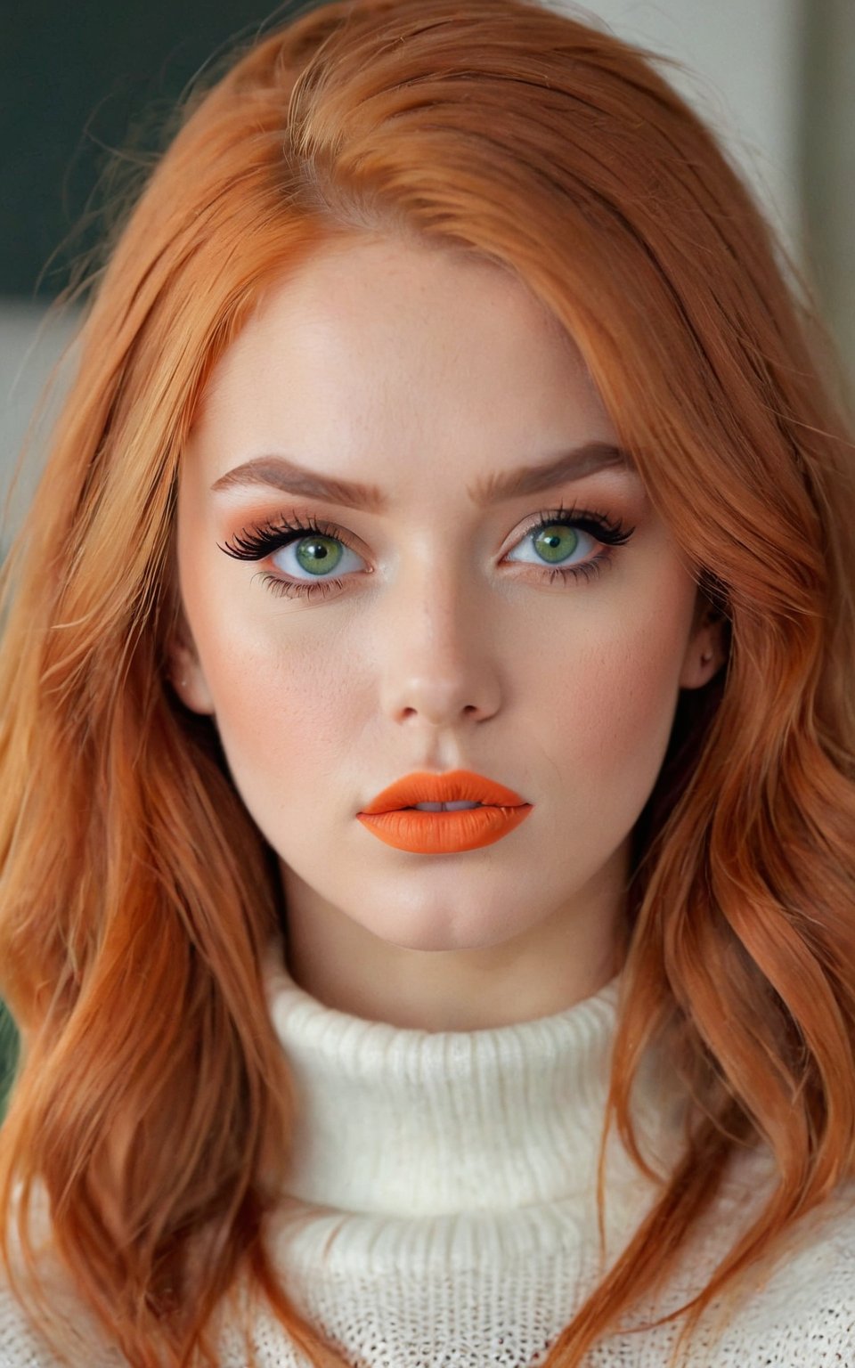 (best quality, 4k, 8k, highres, masterpiece:1.2), ultra-detailed, photorealistic, photography, 1girl, solo, long hair, looking at viewer, green eyes, orange hair, blurry, sweater, lips, eyelashes, blurry background, portrait, realistic, white sweater