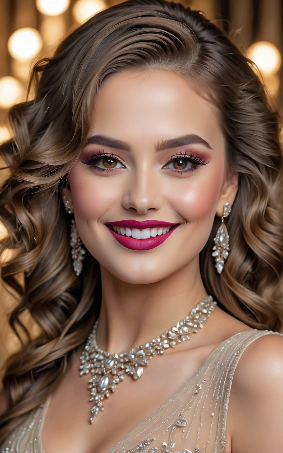 (best quality,4k,8k,highres,masterpiece:1.2),ultra-detailed,(realistic,photorealistic,photo-realistic:1.37), woman, beautiful smile,smiling face,detailed eyes,detailed lips,delicate nose,soft skin,brown wavy hair,elegant posture,feminine charm,graceful dress,fine details,gorgeous background,vibrant colors,subtle lighting,portraits 