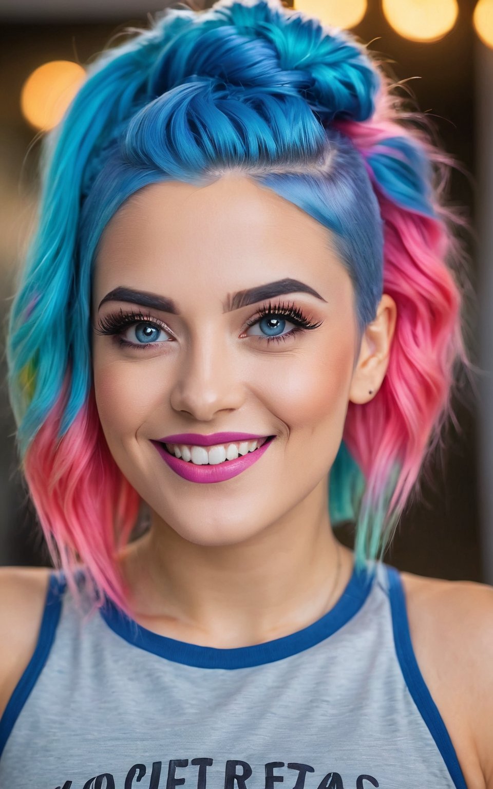 (best quality, 4k, 8k, highres, masterpiece:1.2), ultra-detailed, woman, smiling, blue hair, gym clothes, vivid colors, colorful, bokeh, portraits, studio lighting, ultra-fine painting, sharp focus, extremely detailed eyes and face, detailed lips, beautiful detailed eyes,(long eyelashes) 