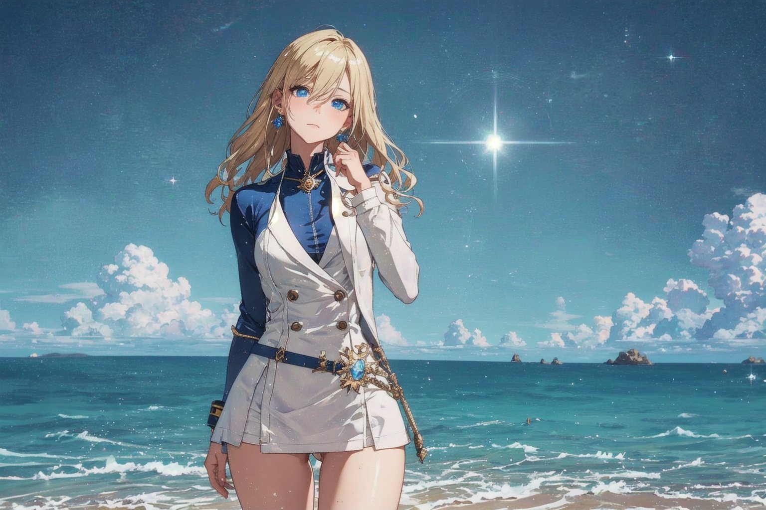 Alicia ,1girl, Solo, Blond Hair, long wavy hairstyle, blue eyes , earring, brooch, white outer suit, white short skirt, Blue inner Shirt, white dress shoe , Shy Expression. Blushing, on the beach sand, Near the sea, ((Best quality)), ((masterpiece)), 3D, HDR (High Dynamic Range),Ray Tracing, NVIDIA RTX, Super-Resolution, Unreal 5,Subsurface scattering, PBR Texturing, Post-processing, Anisotropic Filtering, Depth-of-field, Maximum clarity and sharpness, Multi-layered textures, Albedo and Specular maps, Surface shading, Accurate simulation of light-material interaction, Perfect proportions, Octane Render, Two-tone lighting, Wide aperture, Low ISO, White balance, Rule of thirds,8K RAW, Aura, masterpiece, best quality, Mysterious expression, magical effects like sparkles or energy, flowing robes or enchanting attire, mechanic creatures or mystical background, rim lighting, side lighting, cinematic light, ultra high res, 8k uhd, film grain, best shadow, delicate, RAW, light particles, detailed skin texture, detailed cloth texture, beautiful face, (masterpiece), best quality, expressive eyes, perfect face,nikkeredhood,hair over one eye,marian, shirt,ChopioChaHaeIn,ChaHae-in,jack,battoujutsu,surtr swimsuit,cha hae-in,LeeJoohee,shaft head tilt,ChopioLeeJoohee,Alicia