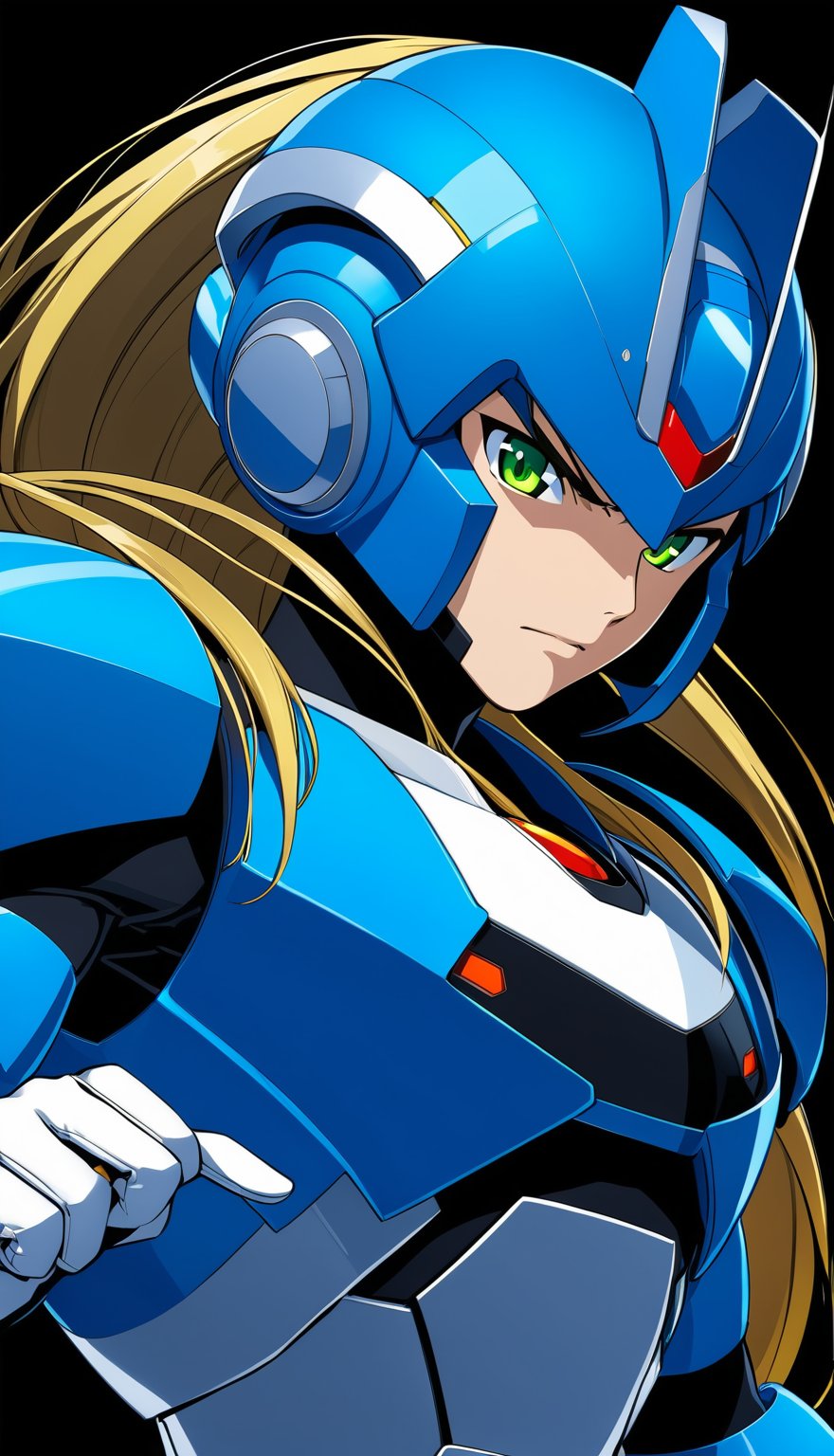 alone, looking at viewer, gloves, 1 boy, mouth closed, long hair, blonde, green eyes, upper body, male focus, white gloves, shadow_helmet, serious, android, arm cannon, blade, electricity, darkness, zero \(mega man\), hyper_armored, style Akira Kitamura design, perfect details, perfect lines, hyper detailed,Anime,SDXL