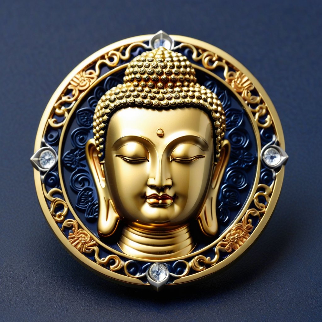 Score_9, Score_8_up, Score_7_up, Score_6_up, Score_5_up, Score_4_up, masterpiece, best quality, 
BREAK
FuturEvoLabBadge, Crystal style, Exquisite round badge, head of Sakyamuni Buddha, 
BREAK
A detailed and ornate badge featuring the head. The design has intricate details with a metallic texture and a 3D effect. The centered within a decorative frame, with an ornate border surrounding it. The badge is set against a dark blue background, with silver and gold colors, creating a high contrast and visually striking appearance, 