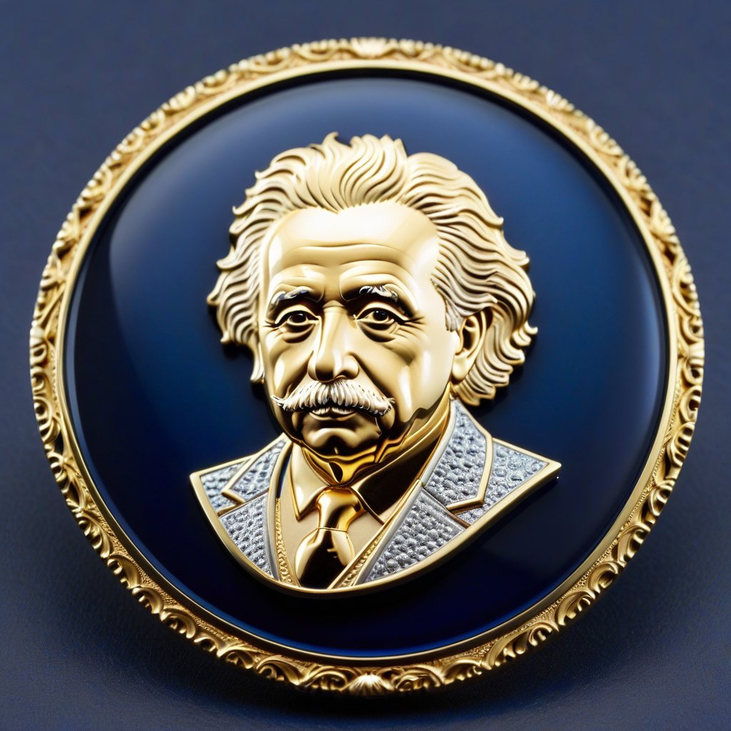 Score_9, Score_8_up, Score_7_up, Score_6_up, Score_5_up, Score_4_up, masterpiece, best quality, 
BREAK
FuturEvoLabBadge, Crystal style, Exquisite round badge, Portrait of Einstein, 
BREAK
A detailed and ornate badge featuring the head. The design has intricate details with a metallic texture and a 3D effect. The centered within a decorative frame, with an ornate border surrounding it. The badge is set against a dark blue background, with silver and gold colors, creating a high contrast and visually striking appearance, 