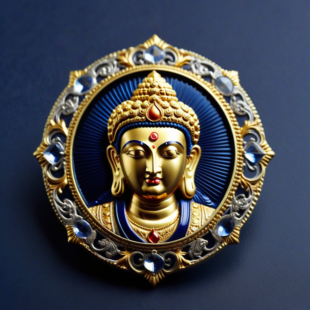 Score_9, Score_8_up, Score_7_up, Score_6_up, Score_5_up, Score_4_up, masterpiece, best quality, 
BREAK
FuturEvoLabBadge, Crystal style, Exquisite round badge, Portrait of Vishnu, 
BREAK
A detailed and ornate badge featuring the head. The design has intricate details with a metallic texture and a 3D effect. The centered within a decorative frame, with an ornate border surrounding it. The badge is set against a dark blue background, with silver and gold colors, creating a high contrast and visually striking appearance, 