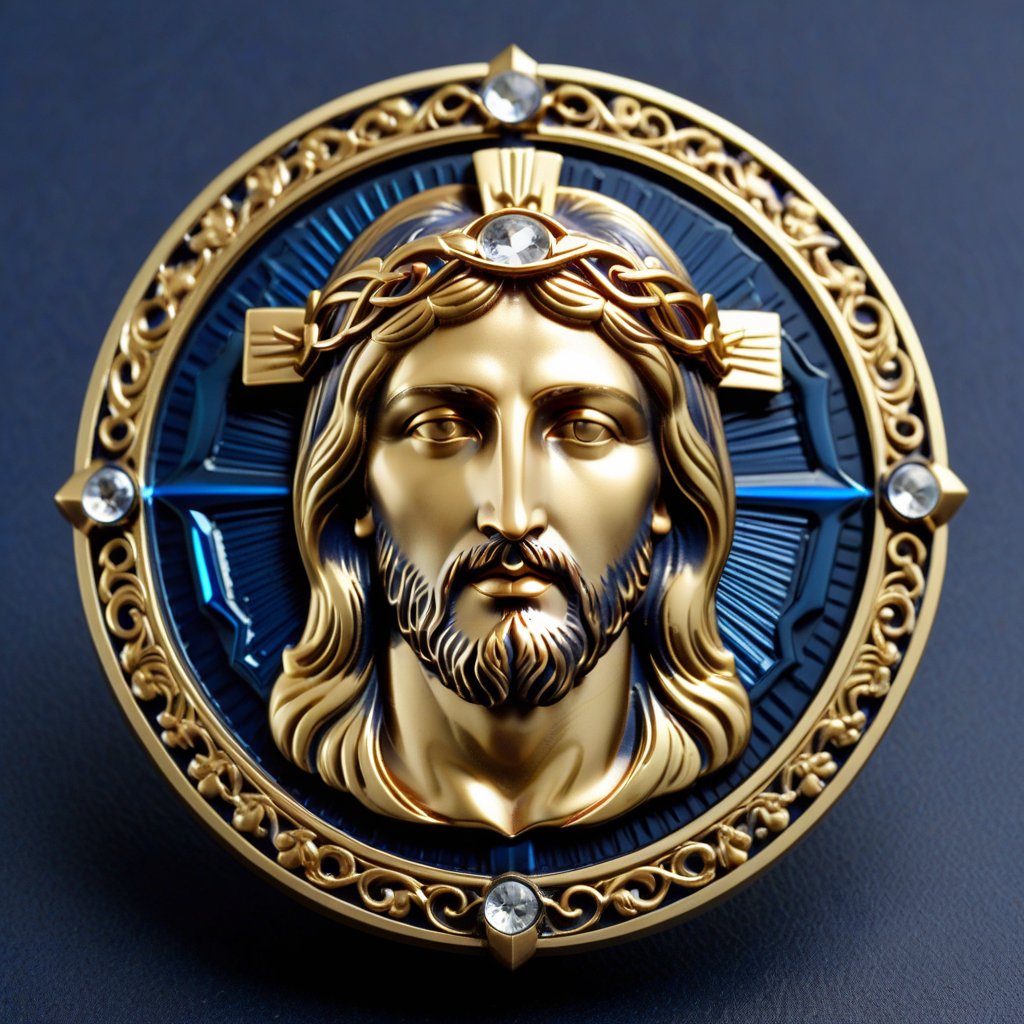 Score_9, Score_8_up, Score_7_up, Score_6_up, Score_5_up, Score_4_up, masterpiece, best quality, 
BREAK
FuturEvoLabBadge, Crystal style, Exquisite round badge, Portrait of Jesus, 
BREAK
A detailed and ornate badge featuring the head. The design has intricate details with a metallic texture and a 3D effect. The centered within a decorative frame, with an ornate border surrounding it. The badge is set against a dark blue background, with silver and gold colors, creating a high contrast and visually striking appearance, 