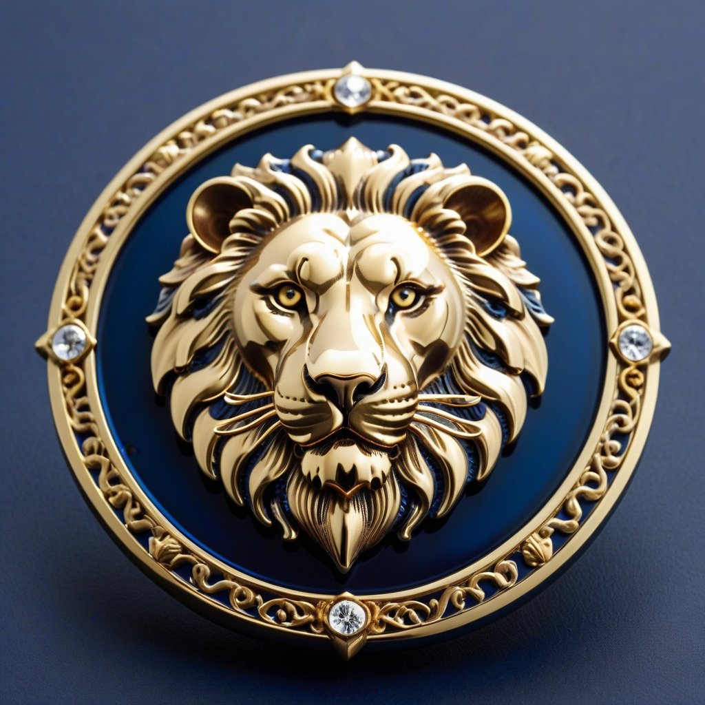 Score_9, Score_8_up, Score_7_up, Score_6_up, Score_5_up, Score_4_up, masterpiece, best quality, 
BREAK
FuturEvoLabBadge, Crystal style, Exquisite round badge, Lion head, 
BREAK
A detailed and ornate badge featuring the head. The design has intricate details with a metallic texture and a 3D effect. The centered within a decorative frame, with an ornate border surrounding it. The badge is set against a dark blue background, with silver and gold colors, creating a high contrast and visually striking appearance, 