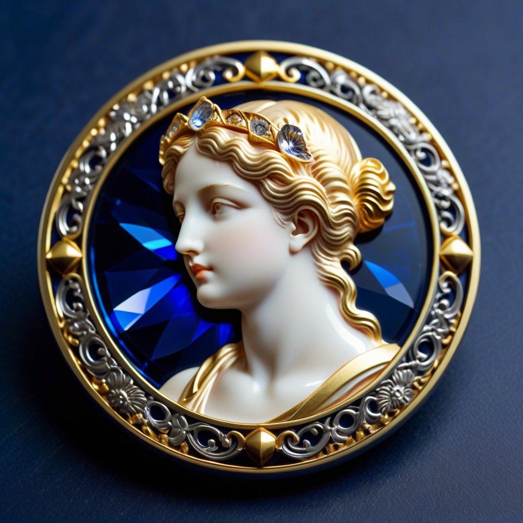 Score_9, Score_8_up, Score_7_up, Score_6_up, Score_5_up, Score_4_up, masterpiece, best quality, 
BREAK
FuturEvoLabBadge, Crystal style, Exquisite round badge, Portrait of Venus, the goddess of love, 
BREAK
A detailed and ornate badge featuring the head. The design has intricate details with a metallic texture and a 3D effect. The centered within a decorative frame, with an ornate border surrounding it. The badge is set against a dark blue background, with silver and gold colors, creating a high contrast and visually striking appearance, 