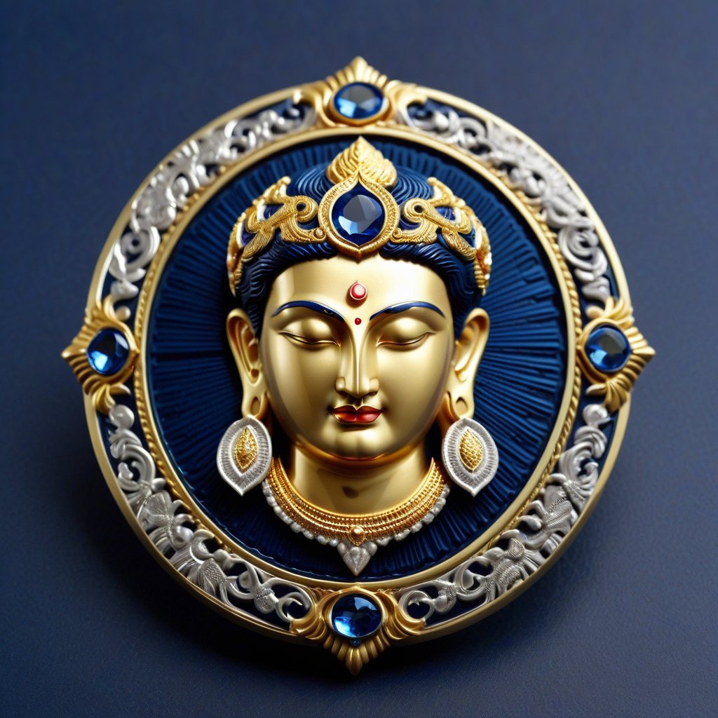 Score_9, Score_8_up, Score_7_up, Score_6_up, Score_5_up, Score_4_up, masterpiece, best quality, 
BREAK
FuturEvoLabBadge, Crystal style, Exquisite round badge, Portrait of Siva, 
BREAK
A detailed and ornate badge featuring the head. The design has intricate details with a metallic texture and a 3D effect. The centered within a decorative frame, with an ornate border surrounding it. The badge is set against a dark blue background, with silver and gold colors, creating a high contrast and visually striking appearance, 