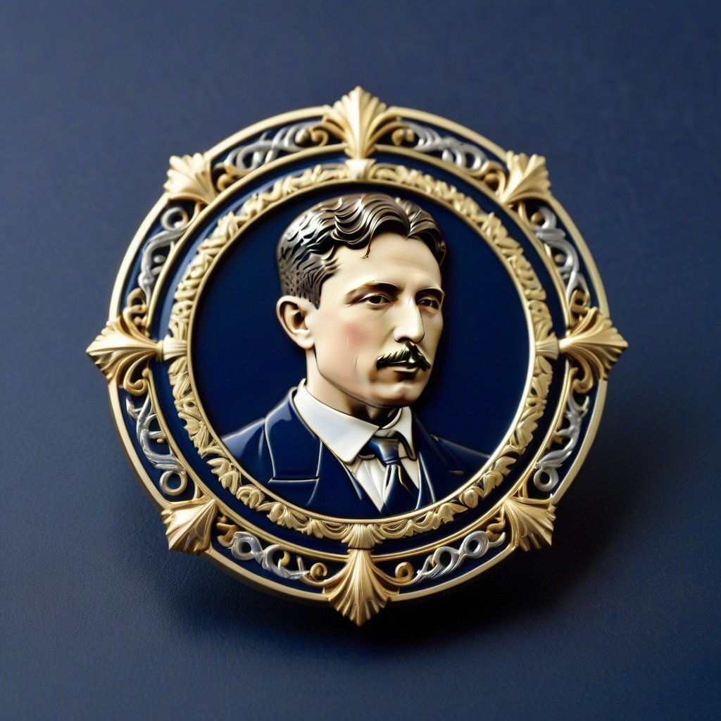 Score_9, Score_8_up, Score_7_up, Score_6_up, Score_5_up, Score_4_up, masterpiece, best quality, 
BREAK
FuturEvoLabBadge, Crystal style, Exquisite round badge, Portrait of Tesla, 
BREAK
A detailed and ornate badge featuring the head. The design has intricate details with a metallic texture and a 3D effect. The centered within a decorative frame, with an ornate border surrounding it. The badge is set against a dark blue background, with silver and gold colors, creating a high contrast and visually striking appearance, 