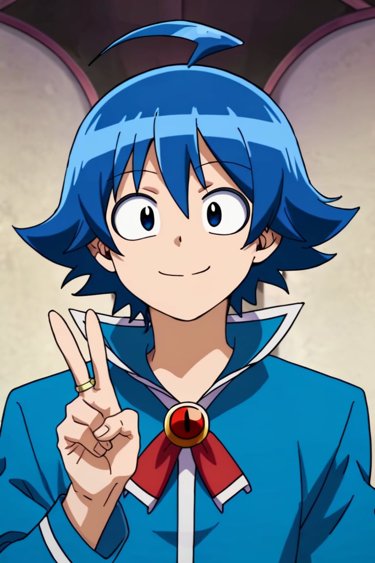 score_9,score_8_up,score_7_up,source_anime,looking at viewer, solo, 1boy, Suzuki Iruma,blue hair, blue eyes, ahoge, jewelry,brooch,ring, upper body, smile, v,