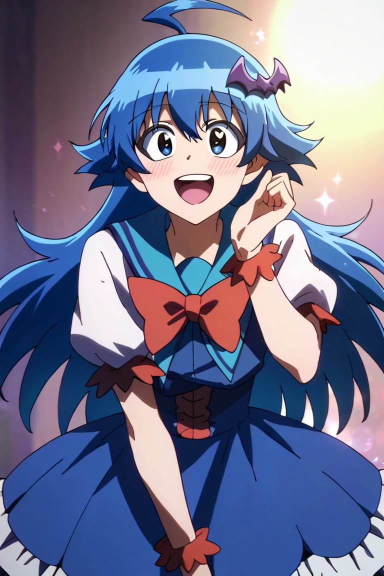 score_9,score_8_up,score_7_up,source_anime,looking at viewer, solo, 1boy, Irumi-chan,blue hair, blue eyes, long hair,ahoge,bow,hair ornament,dress,blue sailor collar, blush, smile,  one_eye_closed, open mouth, upper body,