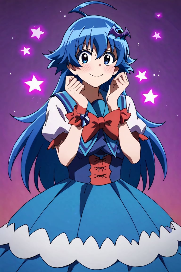 score_9,score_8_up,score_7_up,source_anime,looking at viewer, solo, 1boy, Irumi-chan,blue hair, blue eyes, long hair,ahoge,bow,hair ornament,dress,blue sailor collar, blush, smile, 