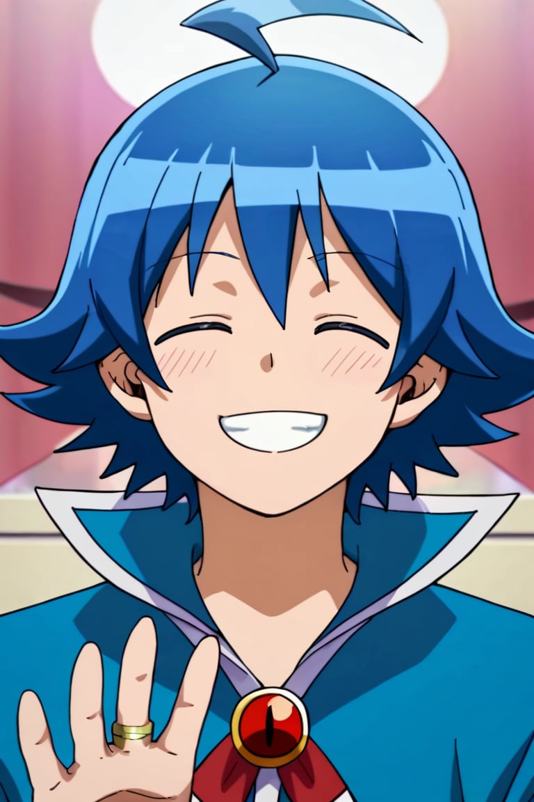 score_9,score_8_up,score_7_up,source_anime,looking at viewer, solo, 1boy, Suzuki Iruma,blue hair, closed eyes, ahoge, jewelry,brooch,ring, upper body, smile, grin, blush, 