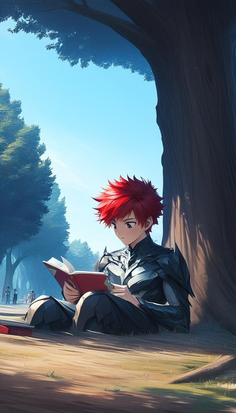 score_9, score_8_up, score_7_up, <lora:BatmanCorePony:0.8> BatmanCore a 17 y.o. teenager with red hair reading a novel under a tree, source_anime (<lora:artnip:0.6> painted:0.7), (Masterpiece:1.3) (best quality:1.2) (high quality:1.1)