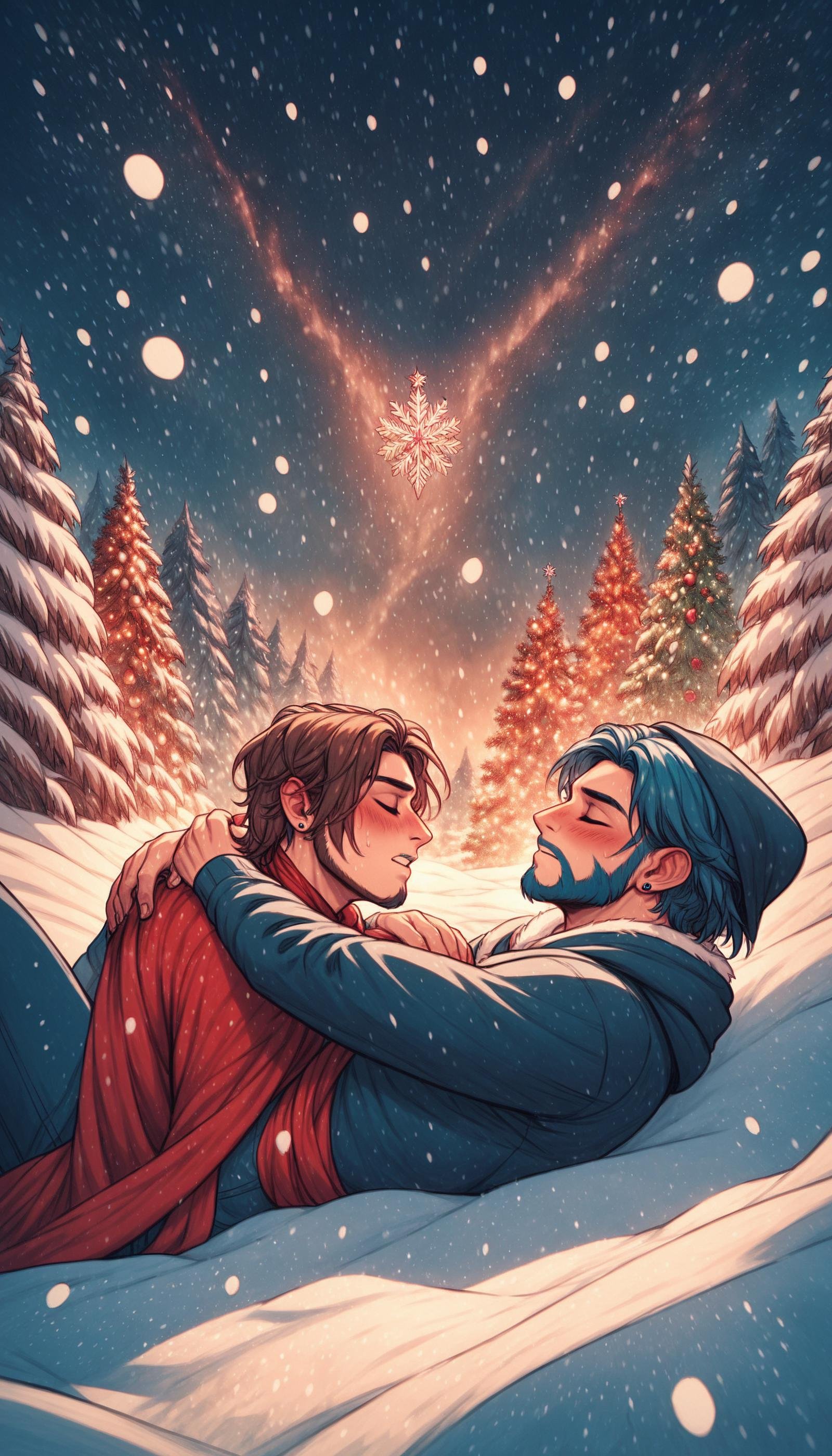 score_9, score_8_up, score_7_up, score_6_up, <lora:ChristmasWinteryPony:0.6> ChristmasWintery a husband and wife, wrapped in each other's arms, sharing a loving kiss in the gentle rain, snowing, cold, , snow on top, (Masterpiece:1.3) (best quality:1.2) (high quality:1.1)