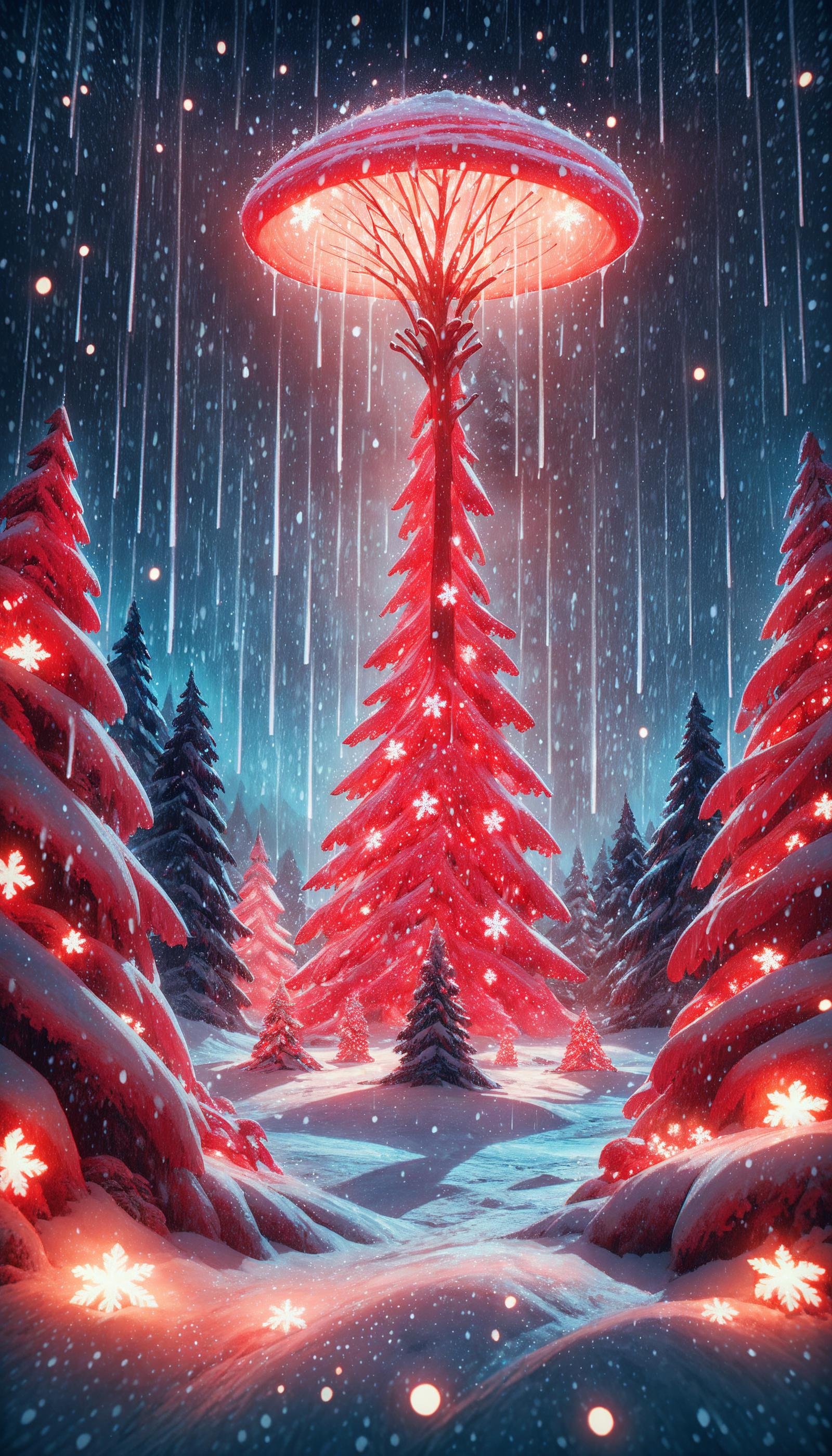 score_9, score_8_up, score_7_up, score_6_up, <lora:ChristmasWinteryPony:0.6> ChristmasWintery neon fungi glowing mysteriously on a tree trunk during a rainy night, snowing, cold, frozen, snow on top, (Masterpiece:1.3) (best quality:1.2) (high quality:1.1)