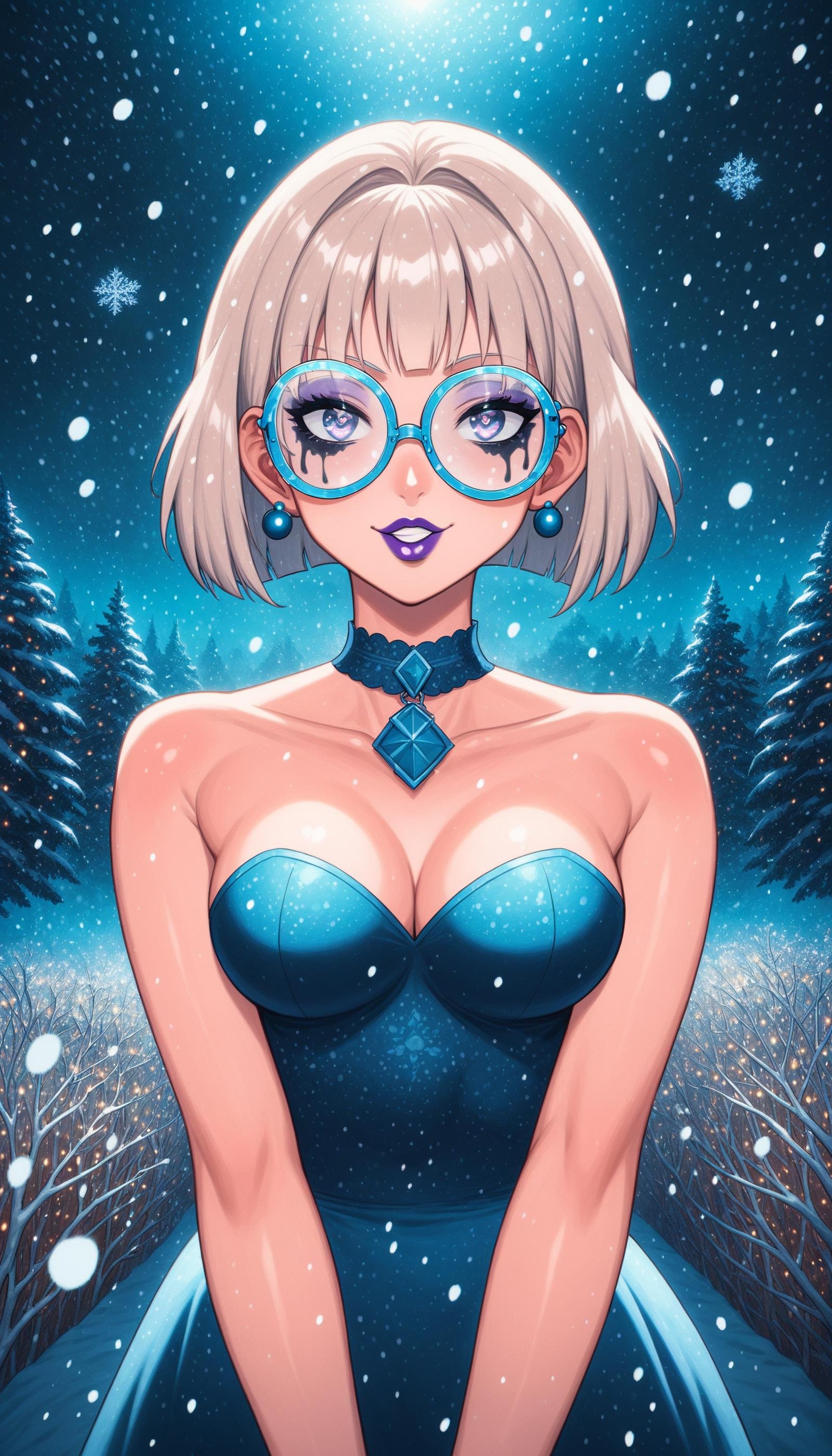 score_9, score_8_up, score_7_up, score_6_up, <lora:ChristmasWinteryPony:0.6> ChristmasWintery Underwater photography, Native American, young, woman, Short hair, Feathered hair, Fade hair, Platinum Blonde hair, Hair bobbles, Almond eyes shape, Albino eyes, virtual reality glasses, Smiling lips, Purple lips, Heart with V-Shape Chin face, Edgy makeup, Confused, Large body, Fashion model pose, Hainds on face, Hipster dress, Harsh light, Glow, Evening, Dusk, gradient blue to white background, Forest background, Fuji X-T4, Over-the-shoulder shot, Off center shot, snowing, cold, blizzard, snow on top, (Masterpiece:1.3) (best quality:1.2) (high quality:1.1)