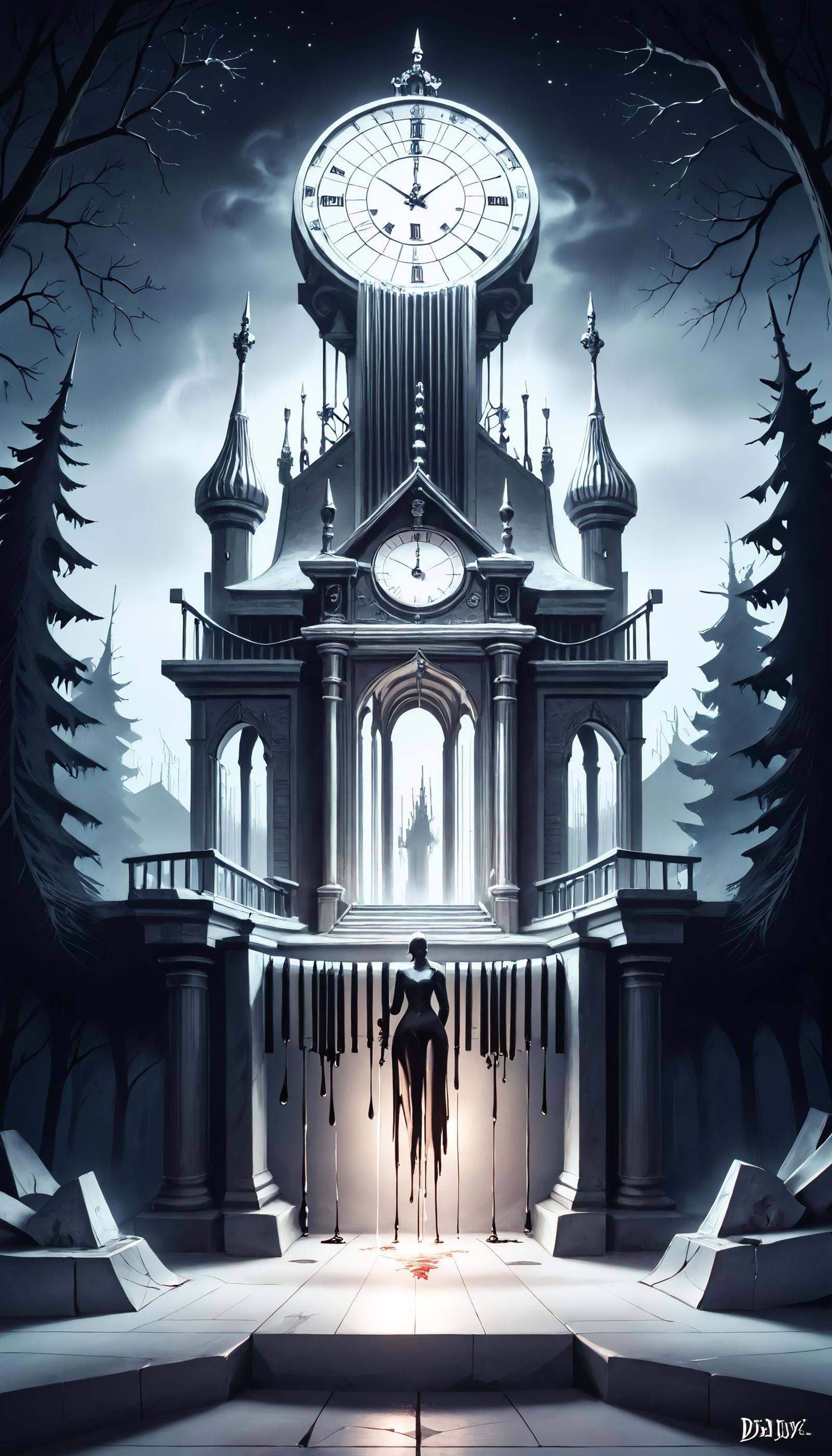 score_9, score_8_up, score_7_up, score_6_up, score_5_up, <lora:PianoStylePony:0.8> elegant, luxury, reflective, PianoStyle Realistic oil painting of a grand, ornate, antique, rusted grandfather clock in the grand hall of a dark, creepy, haunted mansion, overgrown with ivy, standing out against the moonlit temple ruins in the background, crumbling stones, gnarled trees, foggy night, spooky, eerie, ominous, dark, ominous shadows, cool color palette, dimly lit, chiaroscuro, masterpiece, highly detailed, intricate, textured, oil on canvas, art by Caspar David Friedrich or Ivan Aivazovsky, ebony & ivory, <lora:Smooth Style 2 SDXL_LoRA_Pony Diffusion V6 XL:0.75> <lora:add-detail-xl:1.5>, (Masterpiece:1.3) (best quality:1.2) (high quality:1.1)