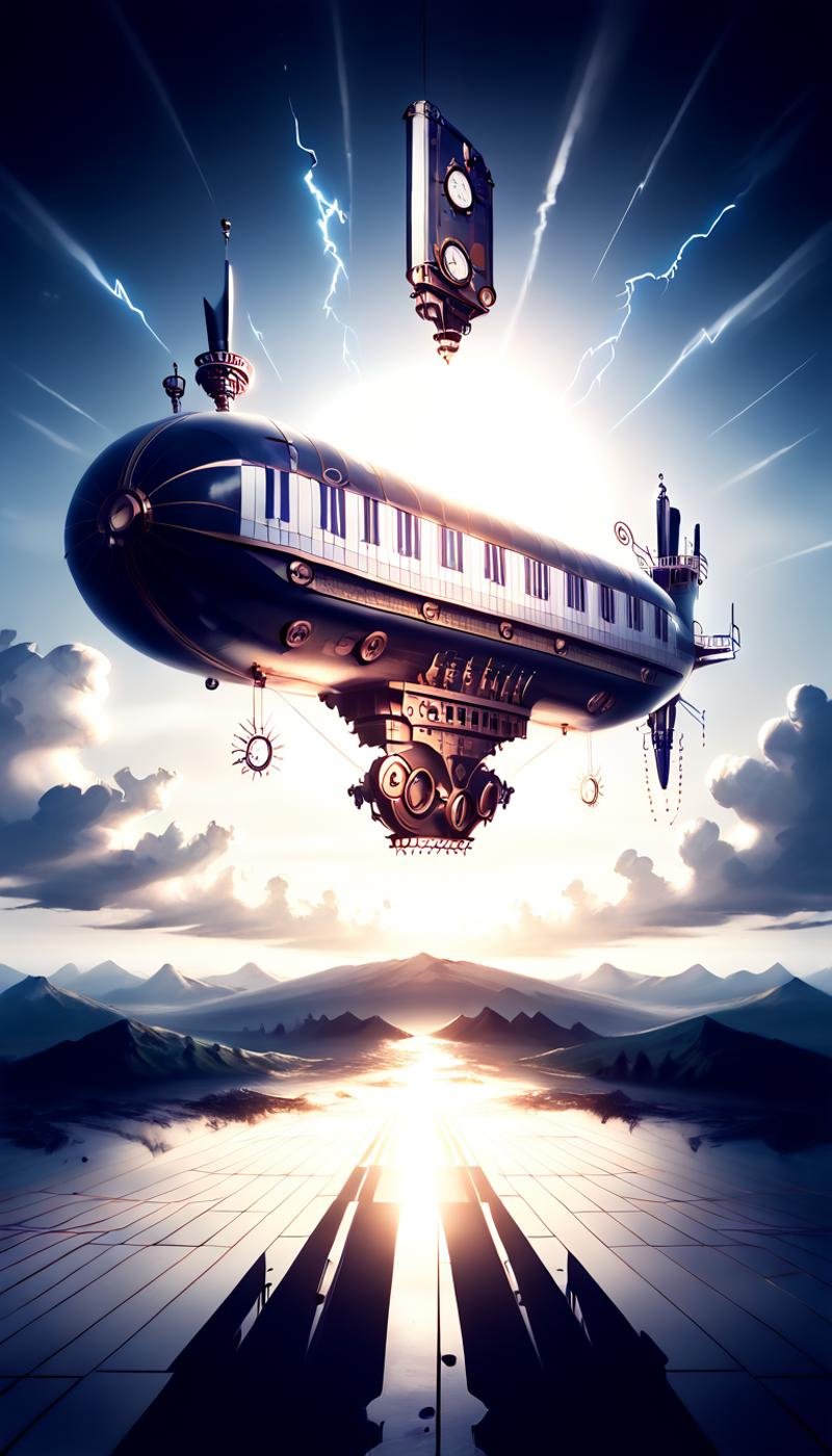 score_9, score_8_up, score_7_up, score_6_up, score_5_up, <lora:PianoStylePony:0.8> elegant, luxury, reflective, PianoStyle steampunk airship, time traveling carousel, surreal digital painting, steampunk fashion, gears, steam, brass, copper, wood, torn fabrics, moving parts, chaotic skies, dark clouds, lightning, dusk, twilight, blue, purple, orange, yellow, red, green, brown, intricate details, dramatic lighting, dynamic perspective, high contrast, illustration, artstation, concept art, wallpaper, splash art, promo art, cinematic, detailed background, action-packed, motion blur, adventure, magical, whimsical, dreamlike, fantasy, victorian, industrial, art nouveau, victorian steampunk, clockwork, goggles, top hats, monocles, fob watches, intricate clothing, imaginative, surreal, dynamic, exciting, thrilling, captivating, capturing the essence of a world where time and technology collide in a breathtaking spectacle, ebony & ivory, <lora:Smooth Style 2 SDXL_LoRA_Pony Diffusion V6 XL:0.75> <lora:add-detail-xl:1.5>, (Masterpiece:1.3) (best quality:1.2) (high quality:1.1)
