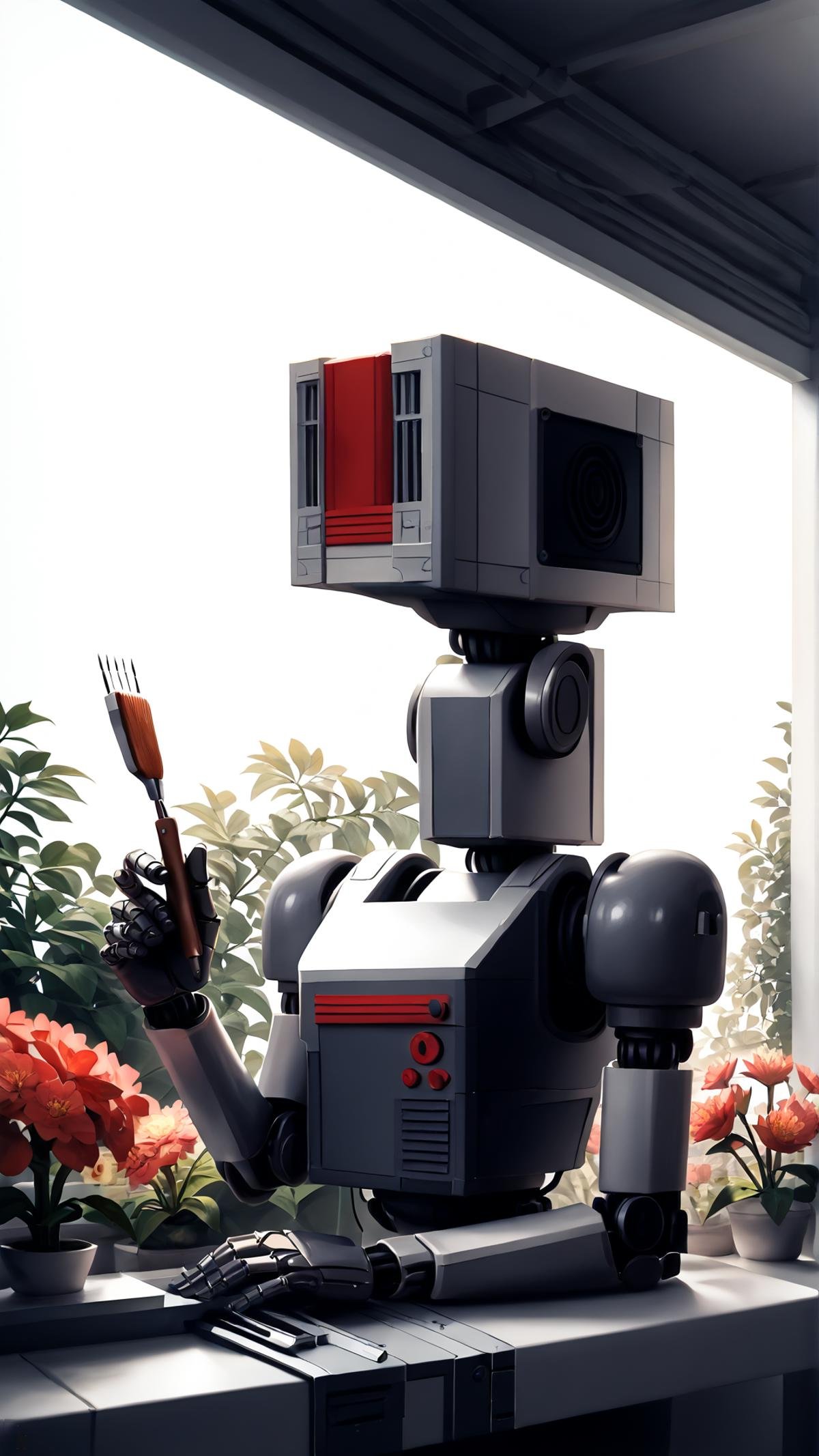 score_9, score_8_up, score_7_up, score_6_up, score_5_up, <lora:NESStylePony:0.9> NESStylePony made out of gray plastic, Realistic oil painting of a robot with a human-like appearance, holding a paintbrush in a vintage garden filled with flowers and gears entwined together, the robot is shown in a three-quarter view, soft sunlight filters through the garden creating warm tones, the robot's facial expression is one of curiosity and determination, the garden is overgrown with lush greenery and colorful flowers, the gears are a mix of copper and iron, with some showing signs of rust, the background is a blurred stone wall covered in ivy, the overall mood is serene and peaceful, the painting is highly detailed and textured, the canvas is slightly worn around the edges, the lighting is soft and warm, the atmosphere is tranquil and thought-provoking., <lora:Smooth Style 2 SDXL_LoRA_Pony Diffusion V6 XL:0.75> <lora:add-detail-xl:1.5>, Nintendo design, gray, red, (Masterpiece:1.3) (best quality:1.2) (high quality:1.1)
