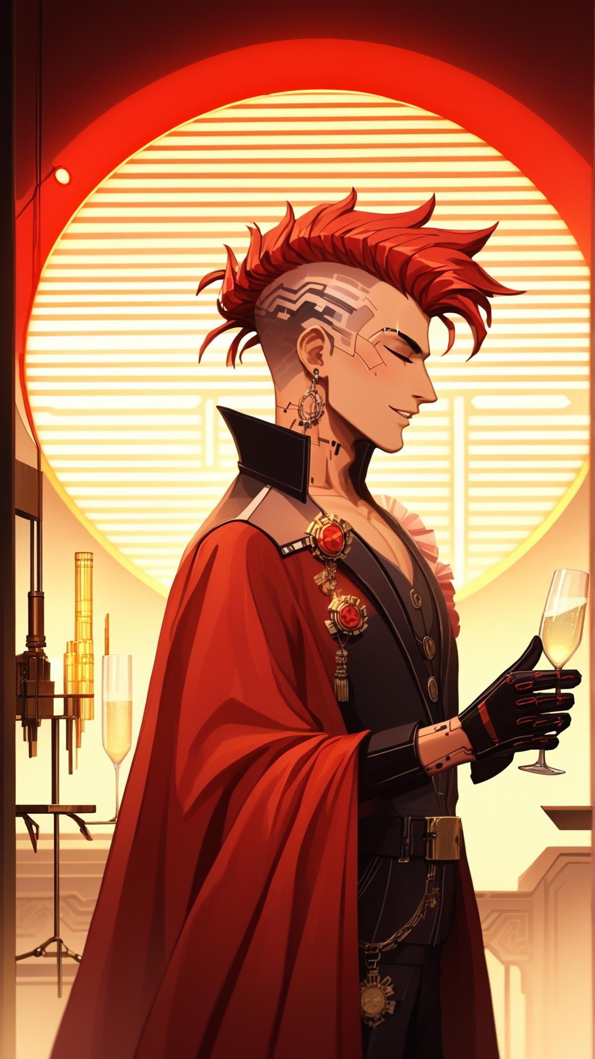 score_9, score_8_up, score_7_up, score_6_up, <lora:C7b3rp0nkStylePony:1> C7b3rp0nkStyle gentleman in a flamboyant red feathered gown with a feathered fan, bejeweled crown, and a glass of champagne in hand, cyberpunk, neon lights, glow, (Masterpiece:1.3) (best quality:1.2) (high quality:1.1)