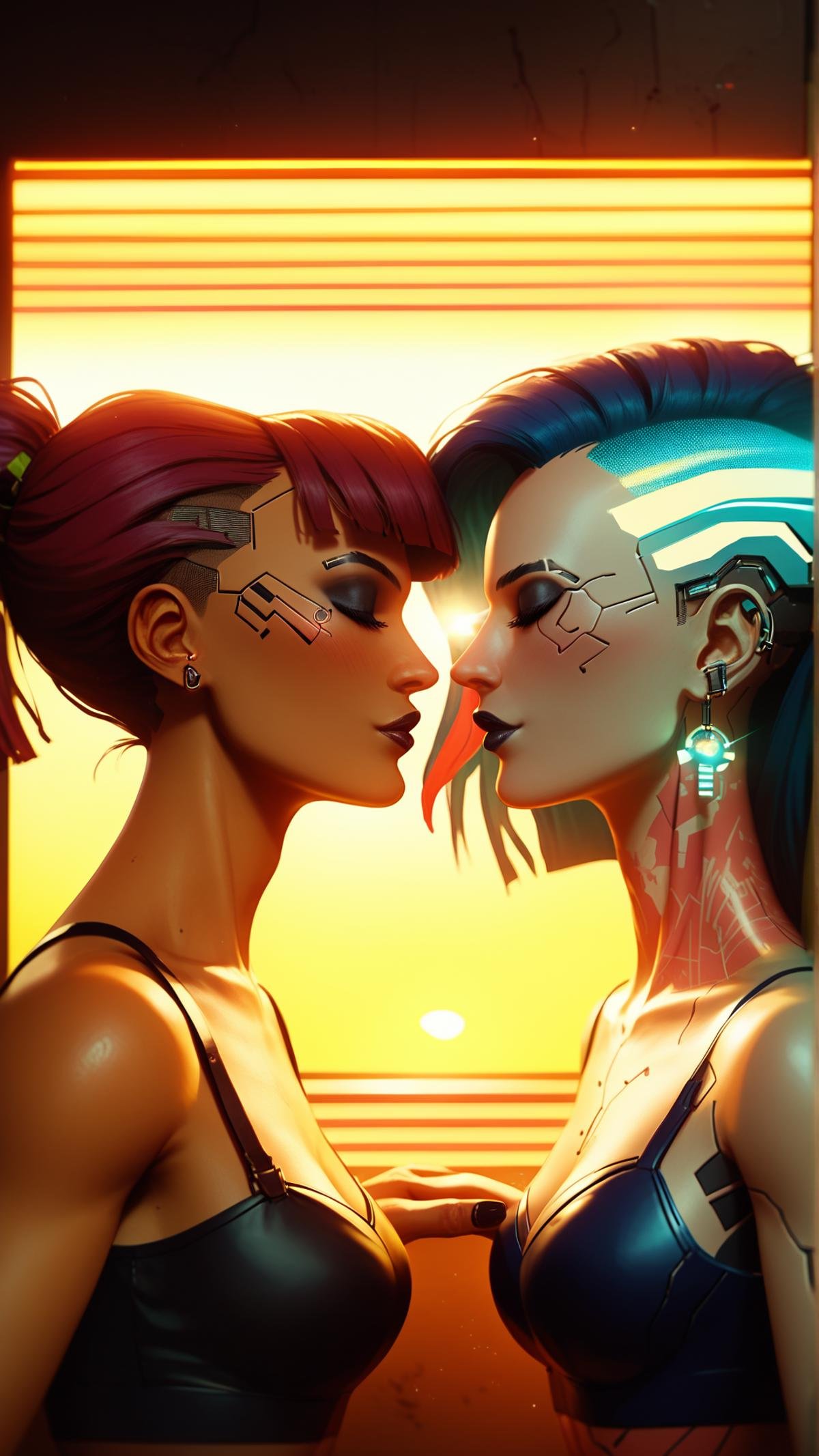 score_9, score_8_up, score_7_up, score_6_up, <lora:C7b3rp0nkStylePony:1> C7b3rp0nkStyle a woman, gently holding her husband's face, sharing a loving kiss as the sun sets in the background, cyberpunk, neon lights, glow, blue tone, sci fi, tech, (Masterpiece:1.3) (best quality:1.2) (high quality:1.1)