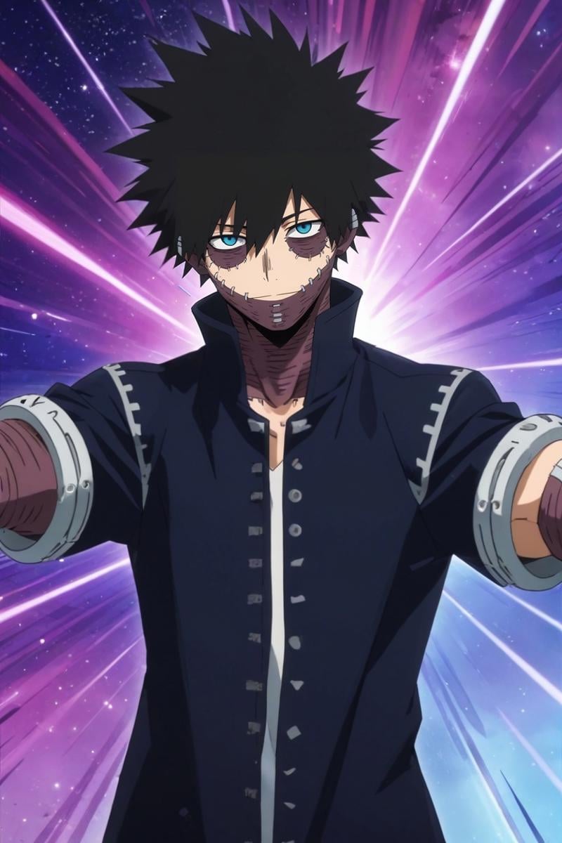 score_9, score_8_up, score_7_up, source_anime, rating_safe, intricate details, anime screencap, anime coloring, official style, , , 1boy, solo, male focus, <lora:dabi_bnha_pony:0.74>, dabi_bnha, black hair, blue eyes, short hair, spiked hair, hair between eyes, bangs, scar, burn scar, scar on face, piercing, stitches, , , , upper body, space, planets, dawn, outstretched arms, naughty smile, ,, <lora:sdxl_lightning_8step_lora:1>