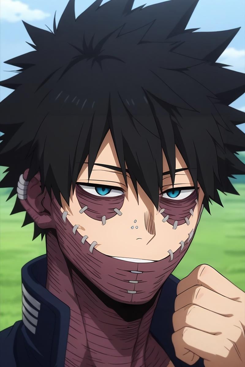 score_9, score_8_up, score_7_up, source_anime, rating_safe, intricate details, anime screencap, , official style, , depth of field, 1boy, solo, male focus, <lora:dabi_bnha_pony:0.84>, dabi_bnha, black hair, blue eyes, short hair, spiked hair, hair between eyes, bangs, scar, burn scar, scar on face, piercing, stitches, , , , close-up, prairie, day, flexing, half-closed eyes, smile, , <lora:sdxl_lightning_8step_lora:1>