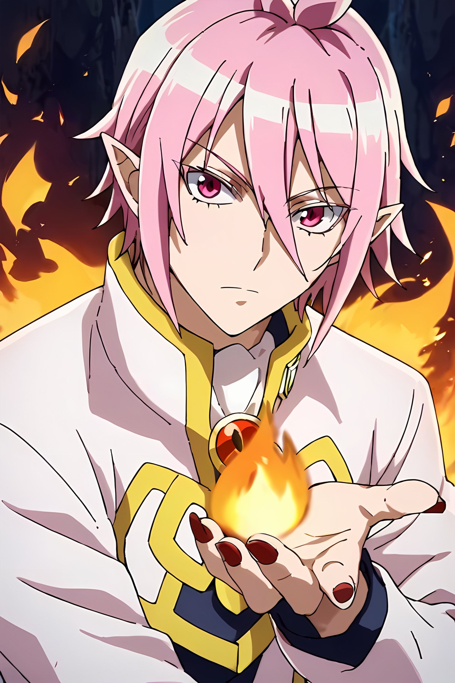 score_9,score_8_up,score_7_up,source_anime,looking at viewer, solo, 1boy, Alice Asmodeus,pink hair, pink eyes,red nails,pointy ears, fire,  fire on hand,