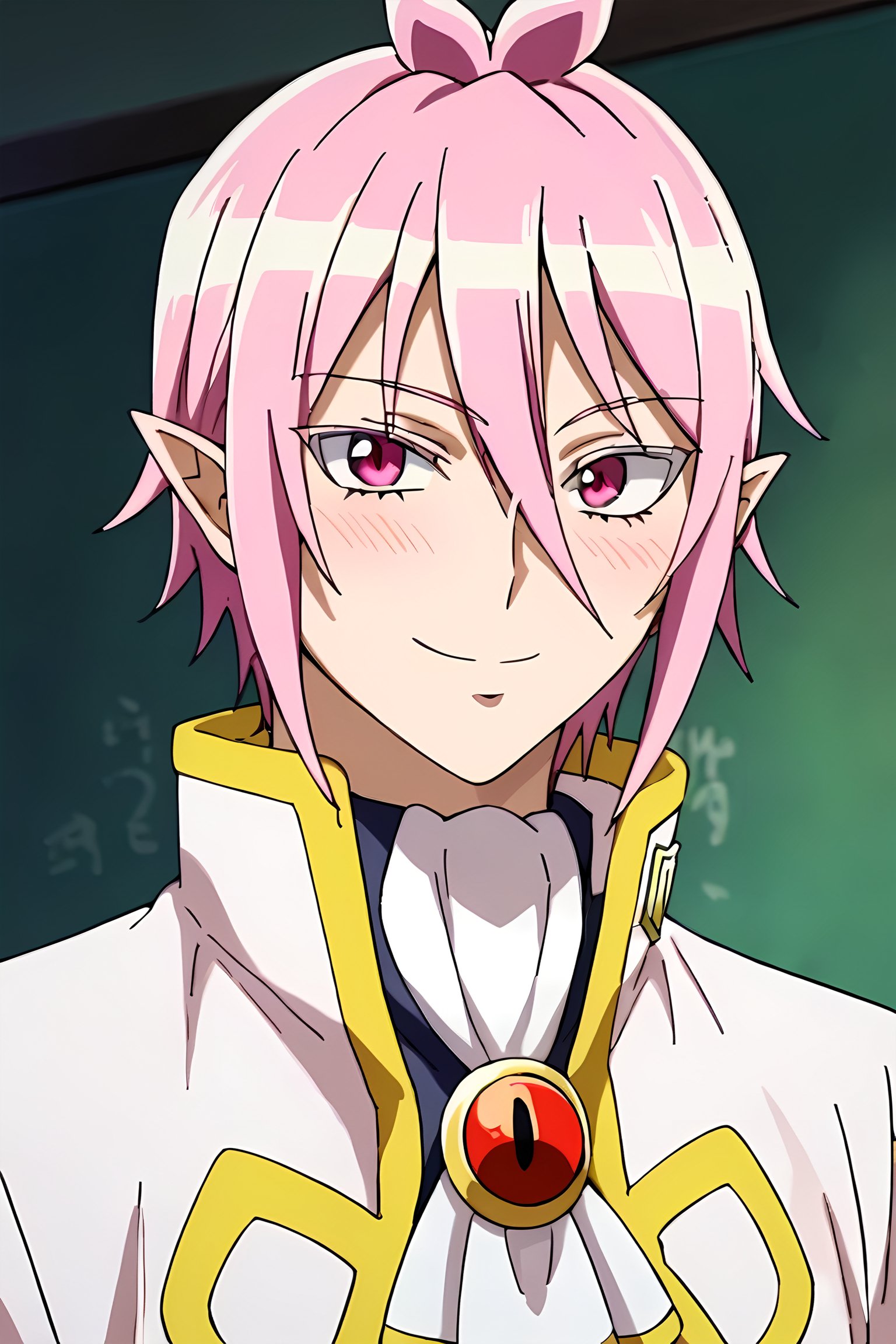 score_9,score_8_up,score_7_up,source_anime,looking at viewer, solo, 1boy, Alice Asmodeus,pink hair, pink eyes,pointy ears, smile, blush,