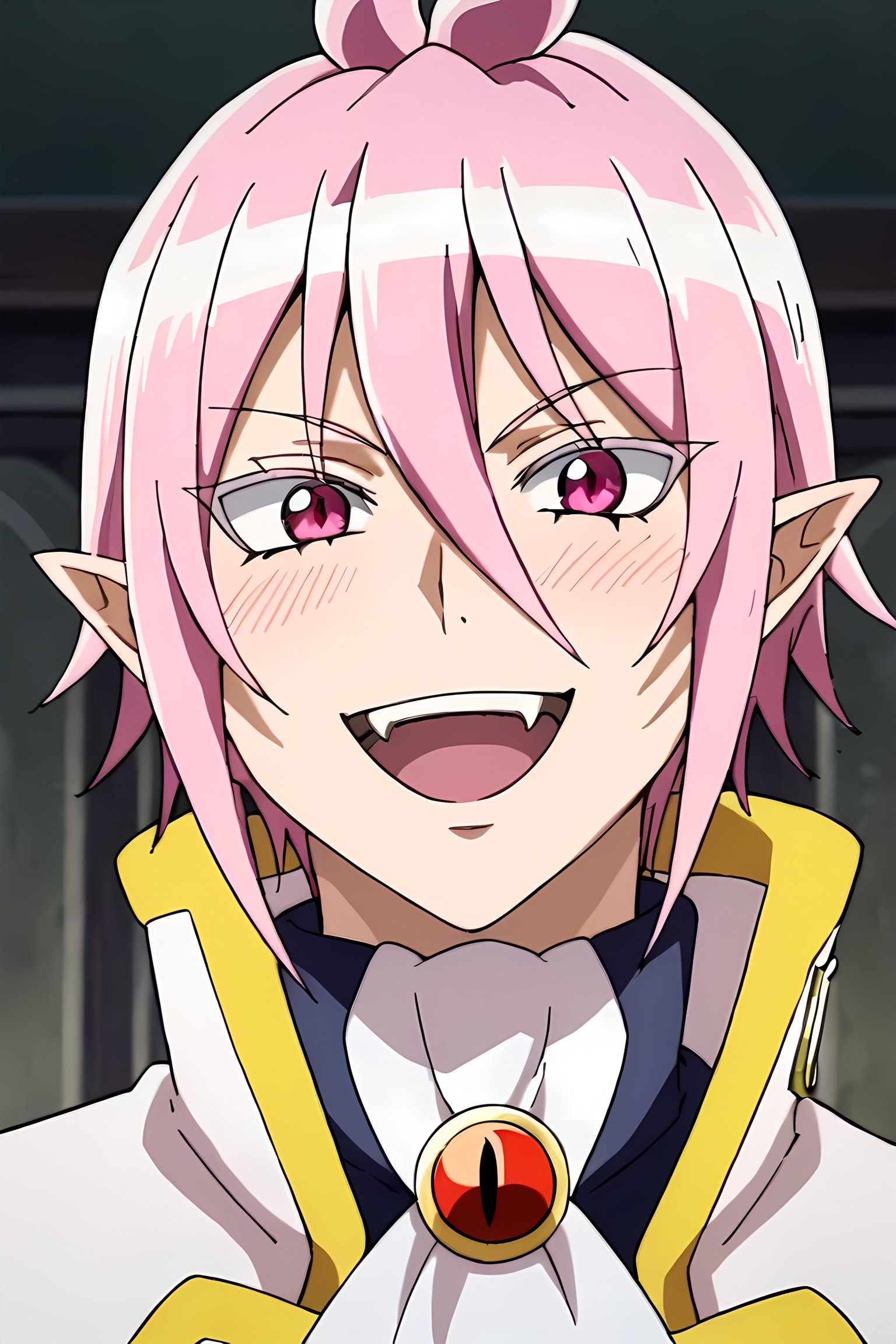 score_9,score_8_up,score_7_up,source_anime,looking at viewer, solo, 1boy, Alice Asmodeus,pink hair, pink eyes,pointy ears, smile, blush, open mouth, fangs,