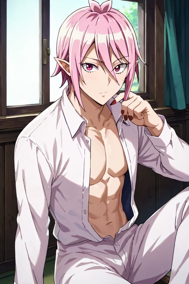 score_9,score_8_up,score_7_up,source_anime,looking at viewer, 1boy, Alice Asmodeus,pink hair, pink eyes,pointy ears, open shirt, white shirt, sexy , sitting, window, indoors, sitting, sitting pose, red nails, 