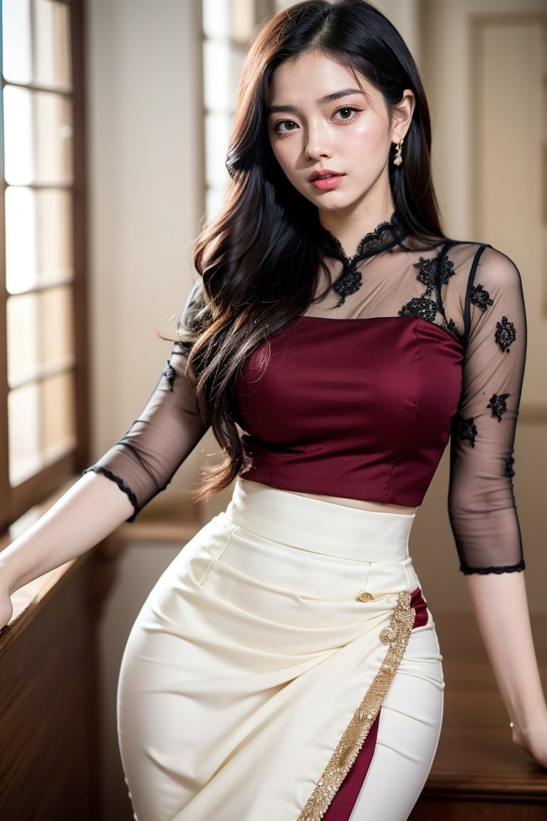1gilr, solo, 20 yearl old girl, pretty face, professionally taken whole body portrait, cinematic lighting, pretty girl wearing mm_dress, white and maroon outfit, tall girl, detail cloth, long wavy hair, black hair, pattern long skirt, ,photorealistic,mm_dress, Young beauty spirit ,Best face ever in the world. (smile:1.1)