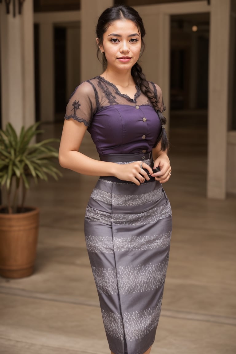 1gilr, solo, 22 yearl old girl, pretty face, professionally taken whole body portrait, cinematic lighting, pretty girl wearing mm_dress, purple and grey outfit, tall girl, detail cloth, holding a bag, braided_hair, pattern skirt, ,photorealistic