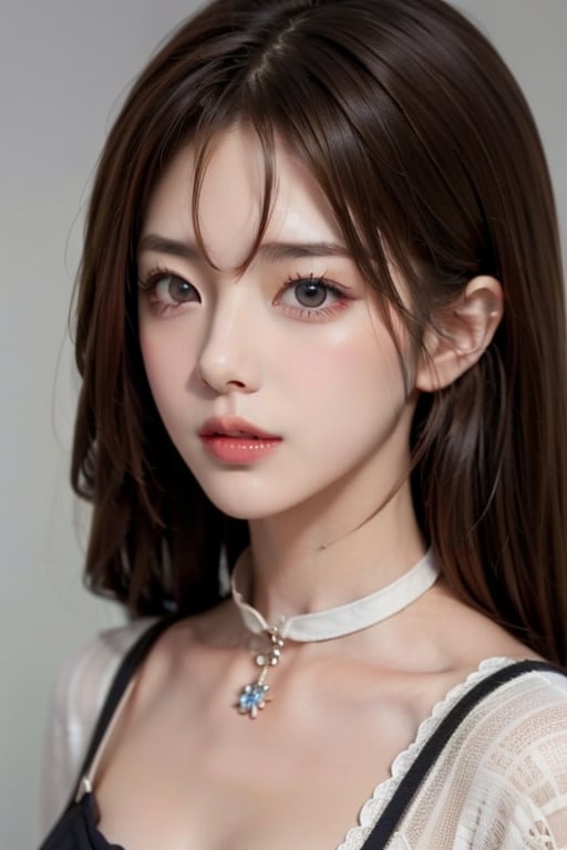 1girl
solo
brown hair
closed mouth
grey background
collar
lips
realistic ,beauty,yui,masterpiece,best quality,lily,mei,fiona 