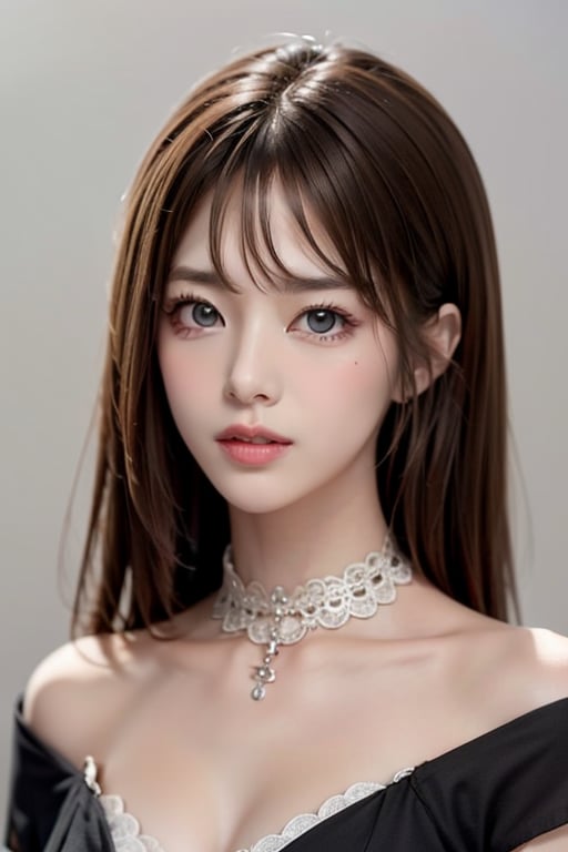 1girl
solo
brown hair
closed mouth
grey background
collar
lips
realistic ,beauty,yui,masterpiece,best quality,lily,mei,fiona 