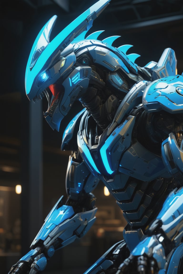 (masterpiece, best quality, highres, dynamic lighting), neon_blue_mech, kaiju, Extremely Realistic, Hyper Detailed, Cinematic Lighting Photography capturing every intricate detail, shot on nvidia rtx for realism, showcasing super-resolution and rendered in Unreal 5. Enhanced with subsurface scattering and PBR texturing for a lifelike appearance. fine texture, 4k, ultra-detailed, high quality,  insane details, 