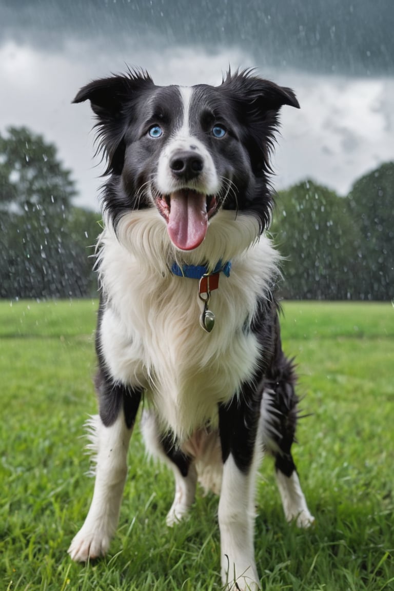 RAW photo, masterpiece, a lively scene of a Border Collie (merle color) eunning, rain, excited and alert expression, standing on a patch of grass, ready to engage in a playful activity. sky darkening with storm clouds and a few raindrops starting to fall, creating a sense of anticipation and excitement in the air. in a beautiful park with trees swaying in the wind and the scent of rain filling the air, enthusiasm and readiness to play, highly detailed, best quality, high quality, cinematic lights, (insane detailed beautiful blue eyes and detailed face), (hyper realistic), photorealistic, 12k, insane details, (brilliant composition)