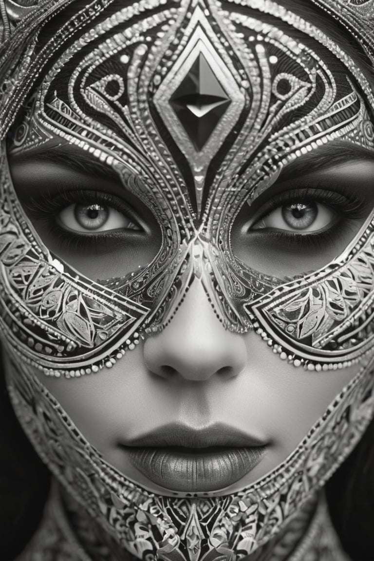 ((Black and white), intricate details, close-up of a woman's face with an intricate design, fantasy artwork, detailed patterned skin, abstract fragments, impressive eyes, mixed media, 3D rendering Silver painting, symmetrical beauty, ambient occlusion rendering, psytrance), Detailed Textures, high quality, high resolution, high Accuracy, realism, color correction, Proper lighting settings, harmonious composition, Behance works, goth girl (masterpiece), (best quality), newest ai-generated, ultra-detailed, best shadow, high contrast, (best illumination, an extremely delicate and beautiful), (cinematic light), hyper detail, dramatic light, intricate details, 8k, very aesthetic,