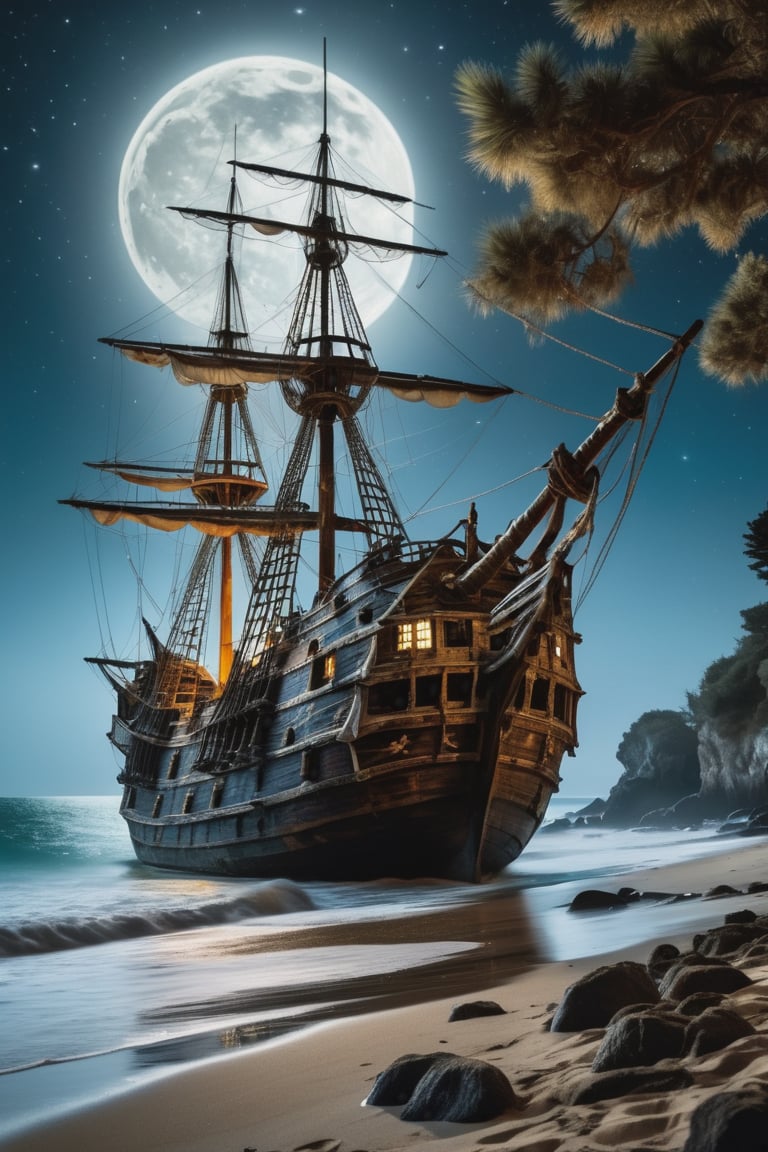Ultra Close-up portrait, an old and large pirate ghost ship, abandoned and stranded in the waters of a deserted and wild beach at night with a large moon illuminating and reflecting in the sea, rocks and trees around, seagulls and birds flying, the ship is worn out by time and covered in vegetation, atmosphere of fantasy, mystery and dream, dramatic lighting, perfect framing of the image, film poster style, oil painting, vintage photo style, van gogh style, caravagio, Greg Rutkowski style (surrealism), (disturbing), (dramatic shadows), insane details, (high quality), (ultra detail), (high resolution), (masterpiece), (complex and beautiful), (exquisitely beautiful), , cinematic, (gorgeous), insane details, 8K, UHD,