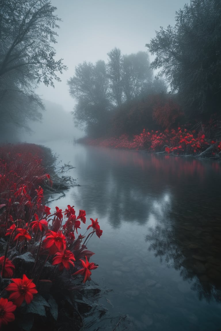 RAW photo, masterpiece, Dying red flowers, dead flowers, ultra realistic, hyper detailed, hdr, 4k, dark river, misty ambiance, mistycal, mist, haze, steam, fog, dark sky, dark shot, vibrant colors, high contrast, dramatic shadows, highly detailed, best quality, high quality, cinematic, (hyper realistic), photorealistic, 12k, insane details, (brilliant composition),