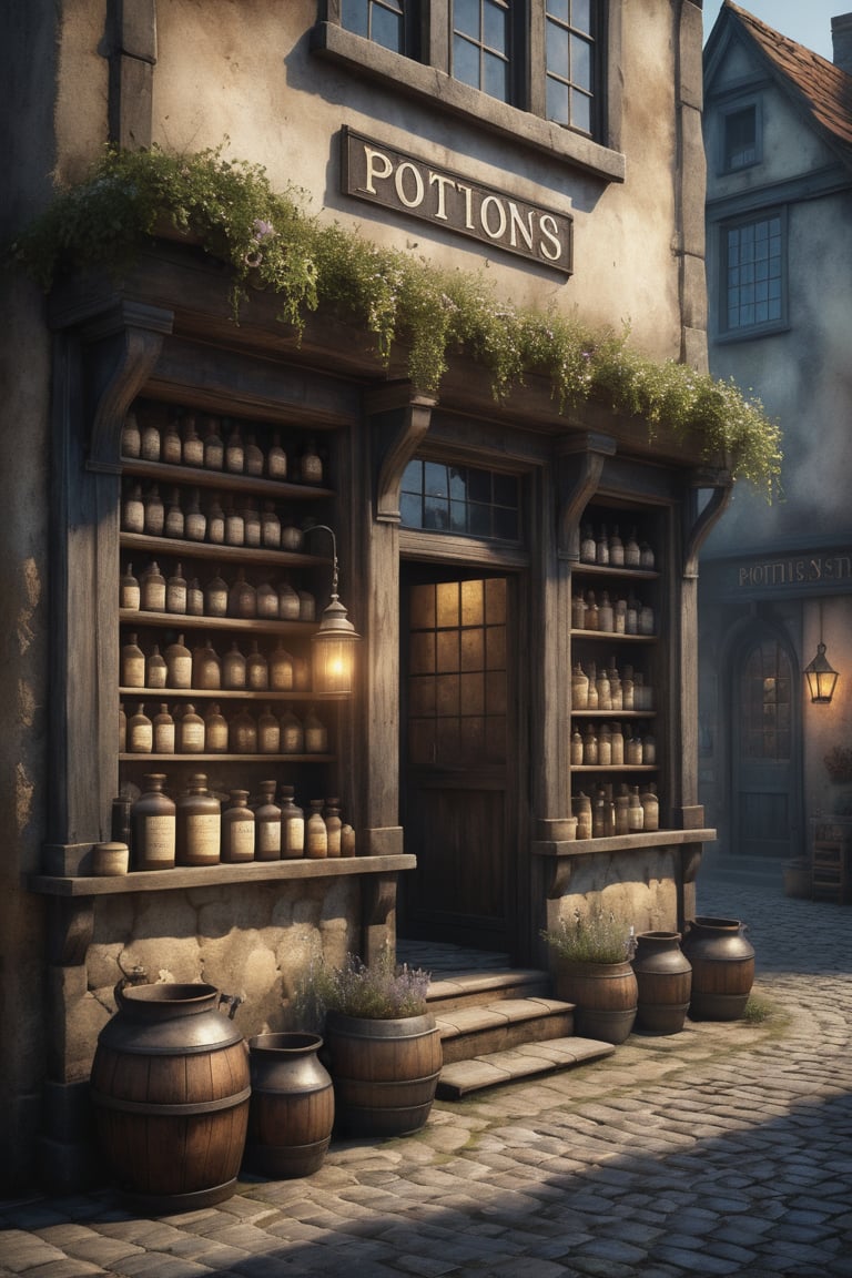 An old apothecary's workshop (on a cobblestone street) Dusty. Musty. Fantasy style. Fantasy dreamlike art. Dreamy watercolor. Atmospheric, rustic, moody, misty. volumetric. A sign above the shop (text "Potions") (dramatic shadows), insane details, (high quality), (ultra detail), (high resolution), (masterpiece), (complex and beautiful), (exquisitely beautiful), , cinematic, (gorgeous), insane details, 8K, UHD,
