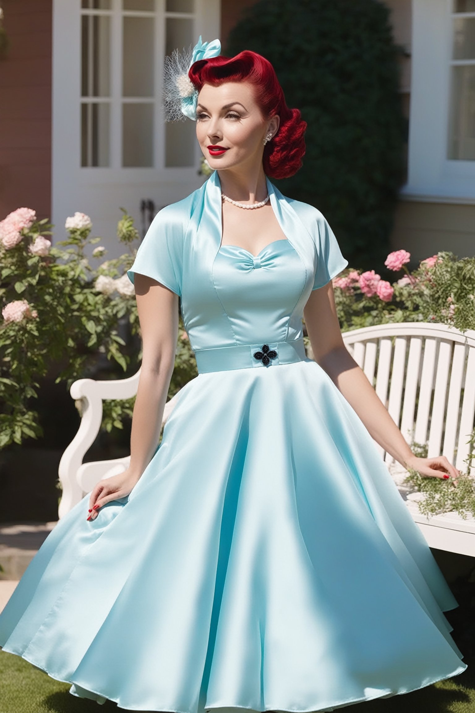 beautiful woman in satin 1950s dress, standing in bench in garden of  suburban house, morning sun, lighting,circle dress,disney style