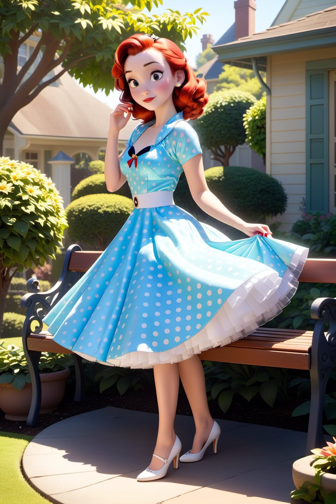 beautiful woman in satin polkadot 1950s dress, standing in bench in garden of  suburban house, morning sun, lighting,circle dress,disney style,disney pixar style