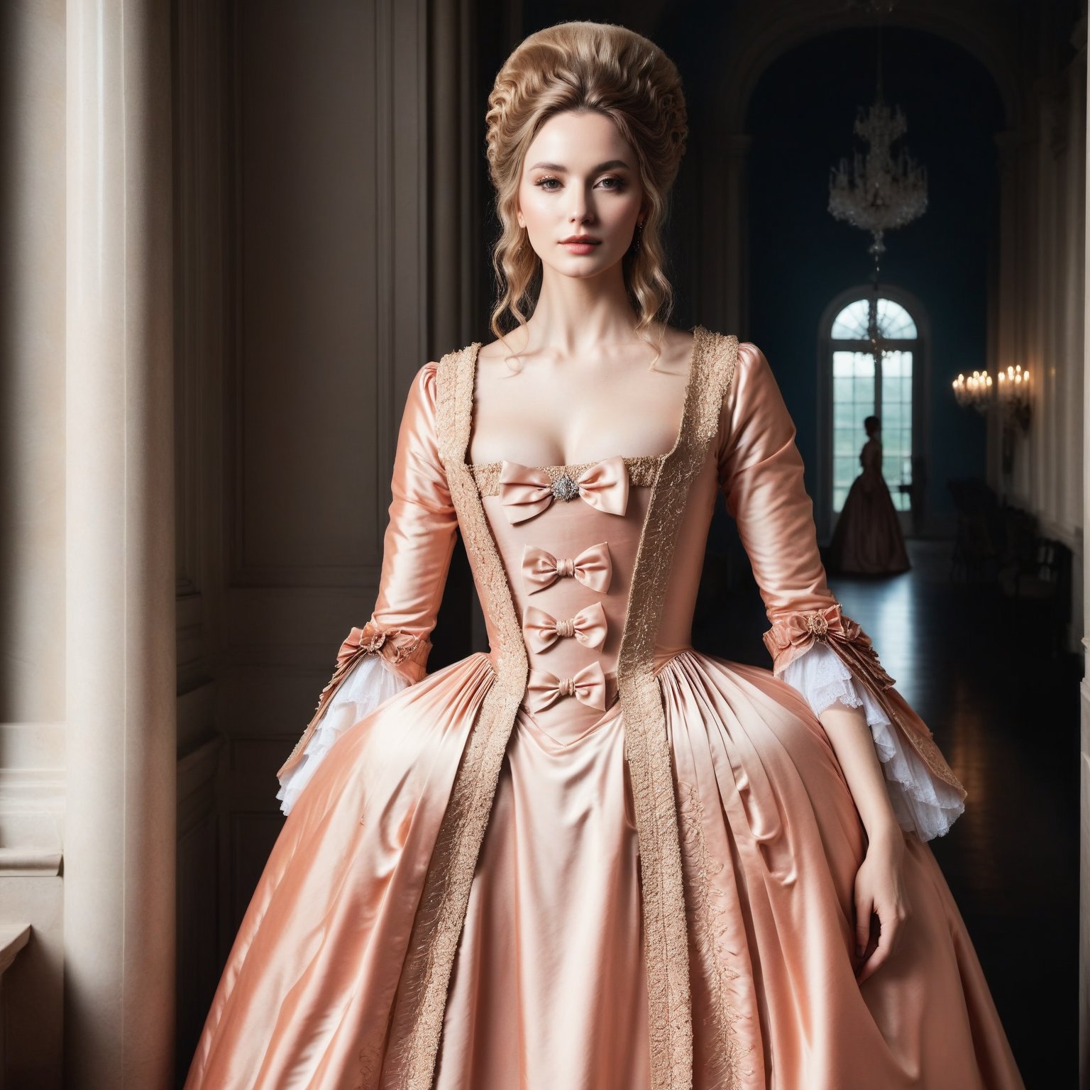 photo of beautiful woman in (very detailed satin) georgian gown, in beautiful mansion, romantic lighting,georgian gown