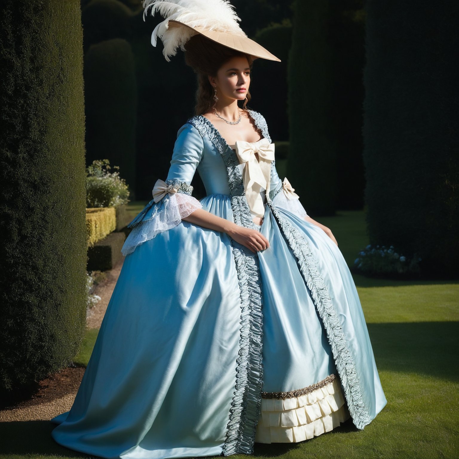 distant, full height, photo of beautiful woman in (very detailed embroidered and bows) shiny satin, georgian gown, large hat with feather, in beautiful garden, , evening lighting,georgian gown