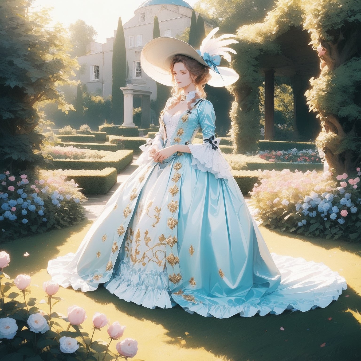beautiful woman in (very detailed embroidered and bows) shiny satin, georgian gown, hat with feather, in beautiful garden, romantic lighting,georgian gown