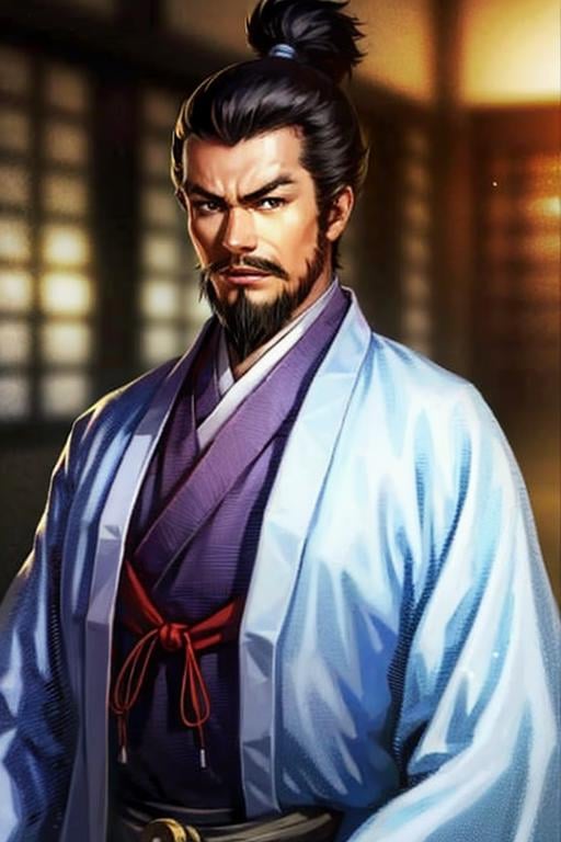 (8k, RAW photo, best quality, highres:1.2), (realistic, photo-realistic:1.37) , japanese male, japanese,facial_hair, beard, male_focus, 1boy, japanese_clothes, sword, weapon, solo, mustache, old, katana, old_man, kimono, haori, black_hair, letterboxed, blurry_background, sheath, blurry